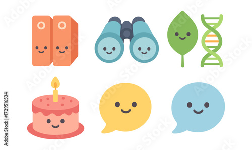 Cute kawaii icons featuring books, binoculars, leaf, dna, cake, and speech bubbles