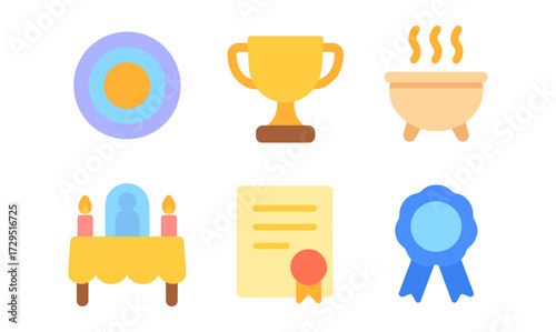 Award icons set: trophy, ribbon, certificate, medals in flat pastel design for celebrations and achievements
