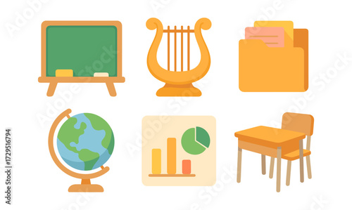 Colorful educational icons set: chalkboard, lyre, globe, desk, charts, folder