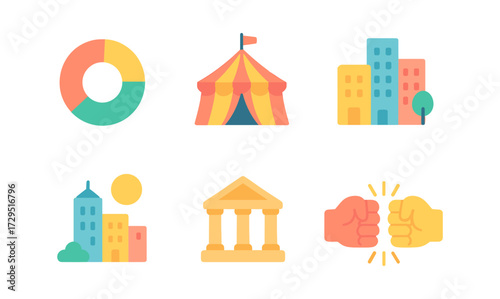 Colorful flat icons of buildings, tent, and donut chart in minimalist style