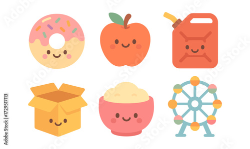 Cute kawaii faces on everyday objects with pastel colors