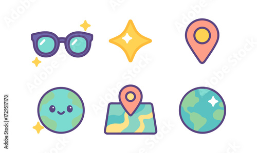Adorable flat style icons: sunglasses, stars, maps, and earth designs