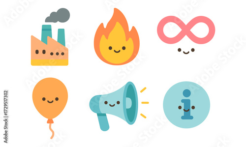 Cheerful kawaii icons collection: factory, fire, infinity, balloon, megaphone, information