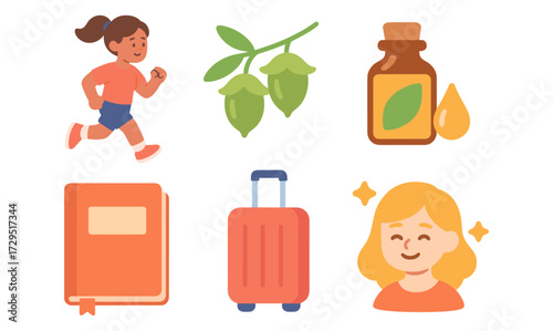 Playful icons: fitness, natural skincare, and travel elements