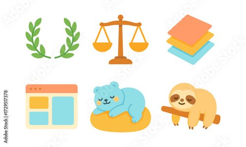 Cute animal and minimalist icons with laurel wreath and scales for web design