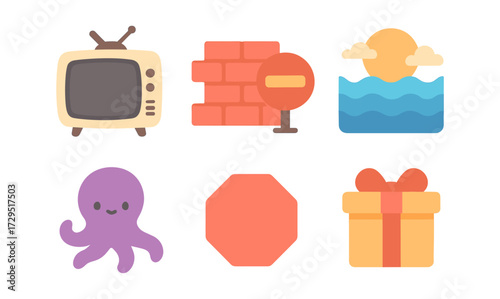 Cute retro style icons: tv, brick, water, octopus, stop sign, gift box