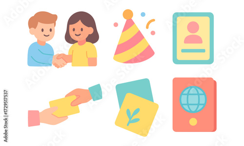 Cartoon style icons for events and travel featuring people, celebration, and identification elements