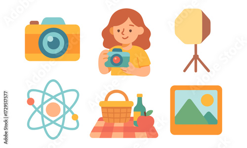 Photography and picnic elements in flat style with camera and lighting
