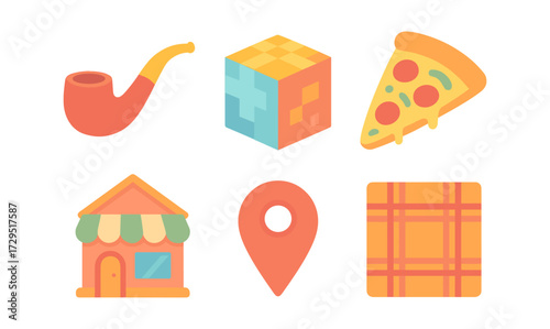 Colorful flat icons set: pipe, cube, pizza, house, map pin, plaid pattern