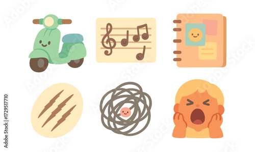 Kawaii elements: adorable scooter, music notes, and emotions in soft pastel tones