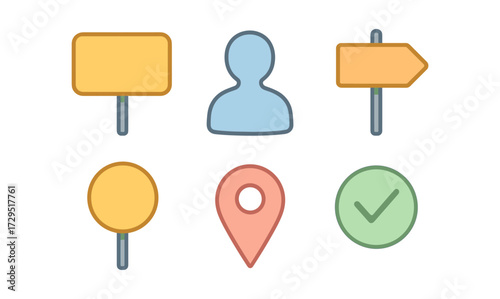 Colorful outline icons: signage, location, and user interface symbols