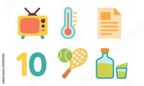 Colorful flat icons of tv, thermometer, document, number, tennis, and drinks