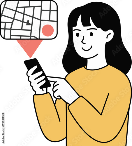 Vector art of a smiling woman uses her smartphone for navigation, with a map displayed above, indicating location and direction, representing modern technology and convenience in everyday life