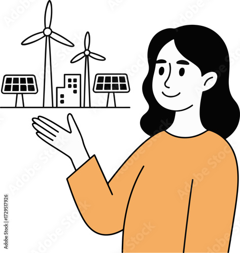 Vector art of a cheerful woman presents a vision of sustainable energy, showcasing wind turbines, solar panels, and ecofriendly buildings, symbolizing a commitment to renewable resources and a greener