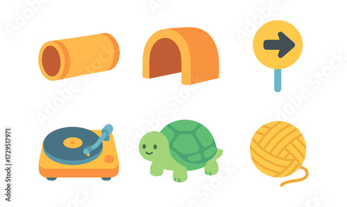 Colorful isometric icons with cute turtle, record player, and pet accessories