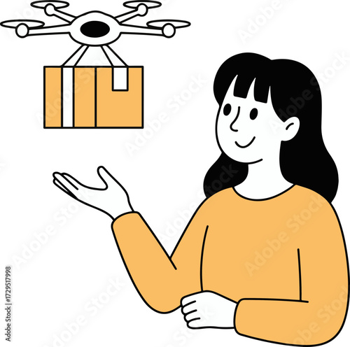Vector art of a happy woman presents a drone delivering a package, symbolizing modern delivery services and technological advancements in logistics and transportation