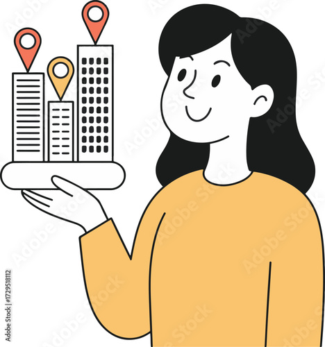 Vector art of a woman is presenting a miniature cityscape with location pins, symbolizing real estate investment, urban planning, or property management