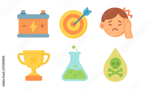 Colorful flat icons of battery, target, headache, trophy, flask, and toxic drop