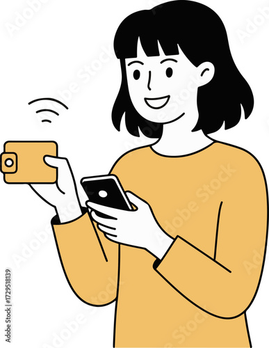 Vector art of a cheerful woman with short black hair is depicted in a simple line drawing, holding a smartphone in one hand and a wallet with a contactless payment symbol in the other