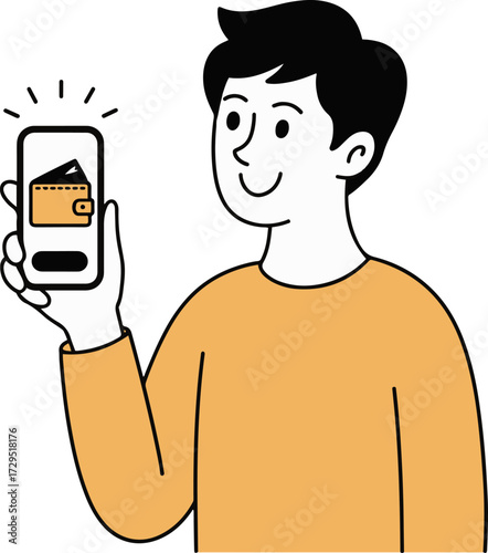 Vector art of a smiling man with short black hair is shown in a minimalist line drawing, holding a smartphone displaying a wallet icon, suggesting mobile payments