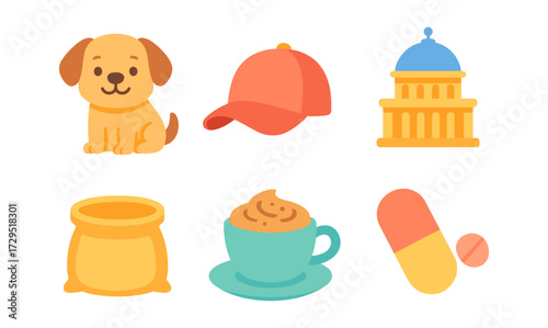 Cute pet, fashion accessories, architecture, coffee, and essentials in playful flat style