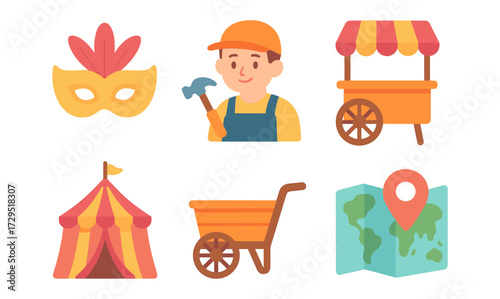 Colorful carnival elements with tent, vendor, and map icons in flat design