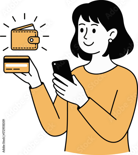 Vector art of a woman holds a credit card and looks at her smartphone, a wallet is floating above her hand she is wearing a yellow shirt and smiling she is checking her bank account