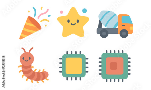 Cute cartoon icons: party, star, cement truck, caterpillar, microchips in flat style