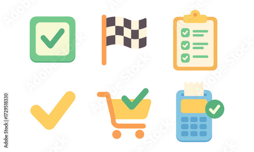 Flat style icon set featuring checklist, shopping cart, and calculator with checkmarks