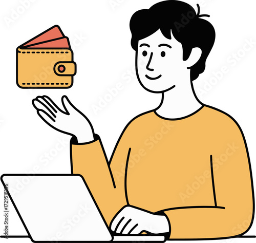 Vector art of a man is using a laptop and looking at a wallet floating above his hand, he is wearing a yellow shirt and smiling he is shopping online and paying with his credit card