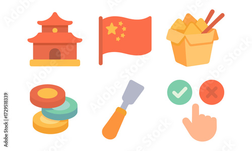 Colorful chinese culture icons: pagoda, flag, and traditional cuisine symbols