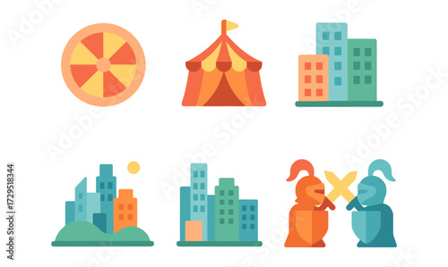 Colorful flat icons: wheel, circus tent, buildings, knights