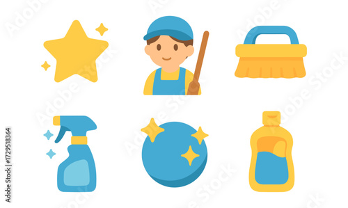 Colorful flat style cleaning icons set with star elements and janitor