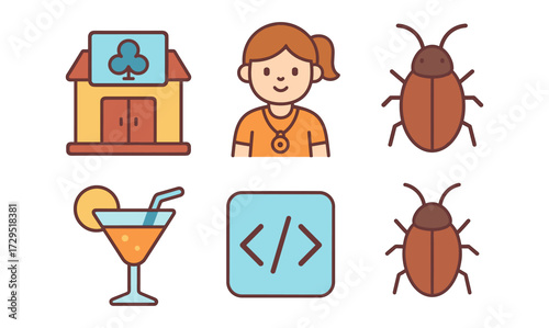 Simple flat icons of child, clubhouse, cockroaches, cocktail, and coding symbol
