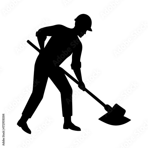 construction worker digging soil with a shovel Black Silhouette