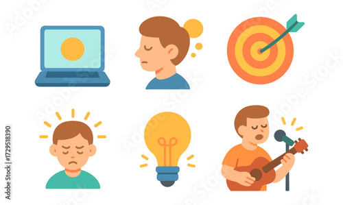 Flat icons collection: laptop, meditation, target, stress, lightbulb, music