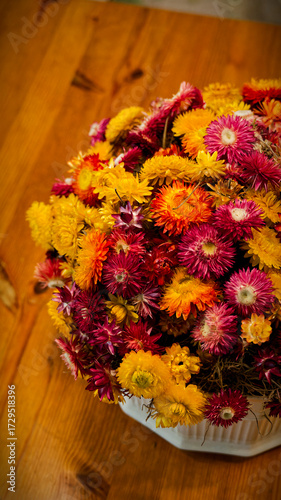 Red and yellow flowers in the pot