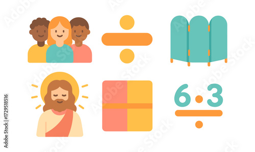 Colorful flat icons: community, division symbols, jesus, partition screen, gift, math