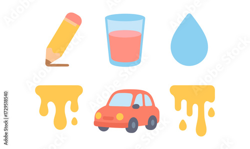 Minimal cartoon icons: pencil, glass, water drop, car, paint drips