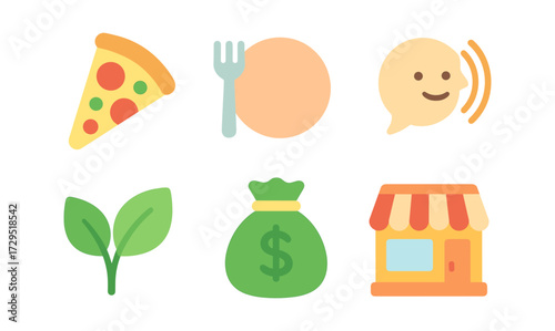 Colorful flat icons of food, communication, nature, finance, and business