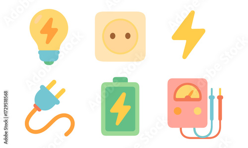 Colorful energy icons: light bulb, plug, battery, socket, lightning bolt, multimeter