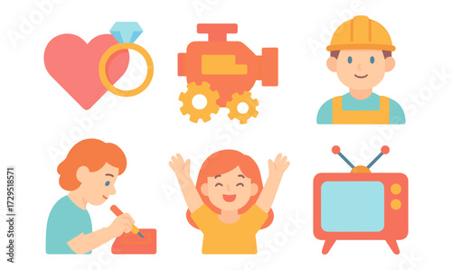 Flat style icons: love, engineering, workers, creativity, joy, and vintage tv