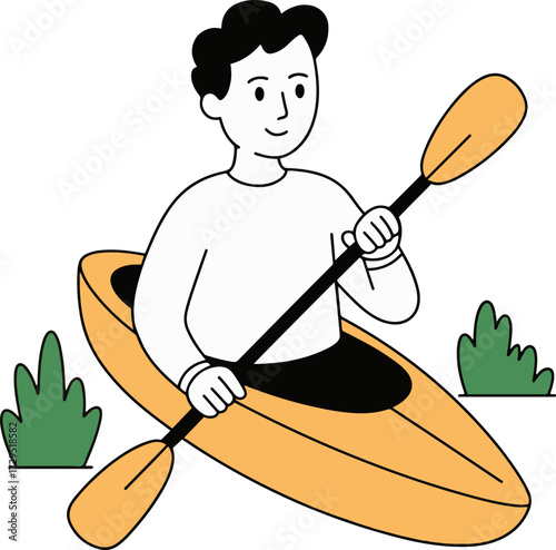Vector art of a man kayaking on a river, holding a paddle, surrounded by green bushes, this is a simple vector illustration of outdoor activity and water sport