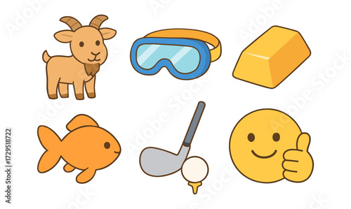 Colorful cartoon icons: goat, goggles, gold bar, fish, golf, smiley