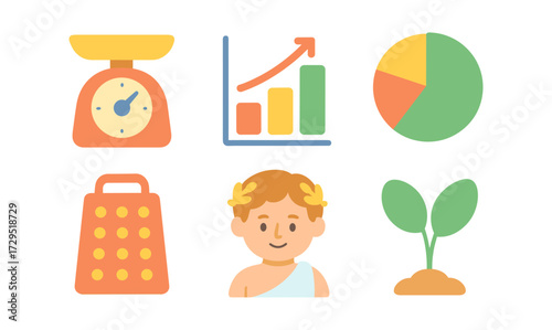 Colorful flat icons of kitchen scale, growth chart, pie chart, grater, young boy, and plant
