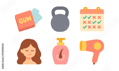 Flat style icons: gum, kettlebell, calendar, woman, soap, hair dryer