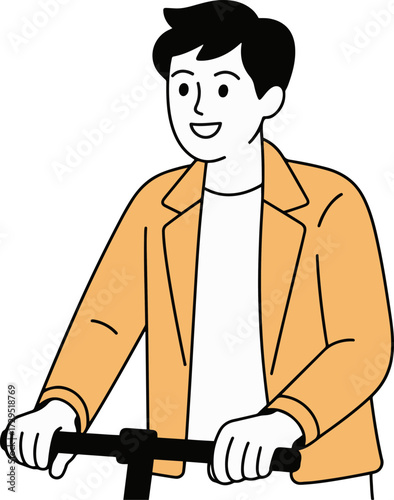 Vector art of a young man with black hair and a yellow jacket is riding an electric scooter, he is smiling and looking ahead, enjoying the ride and the convenience of ecofriendly transportation