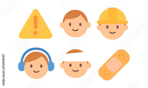 Safety and health icons: workers, precautions, and first aid symbols