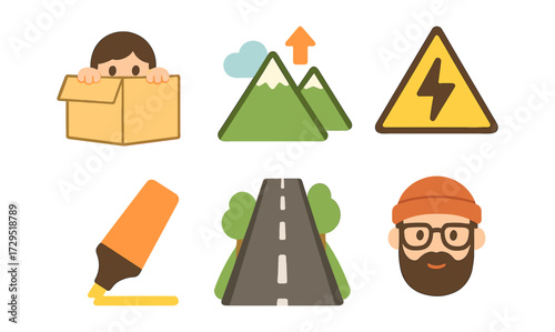 Set of flat icons: box, mountain, warning, marker, road, bearded face