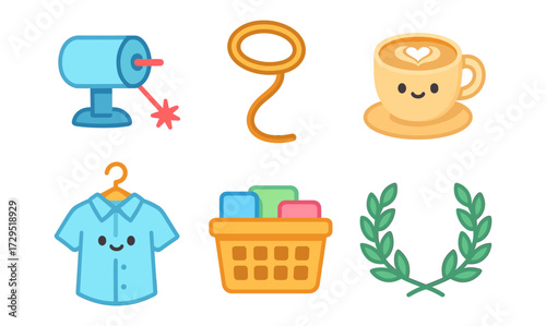 Cute flat icons of coffee, shirt, laser, lasso, basket, and laurel
